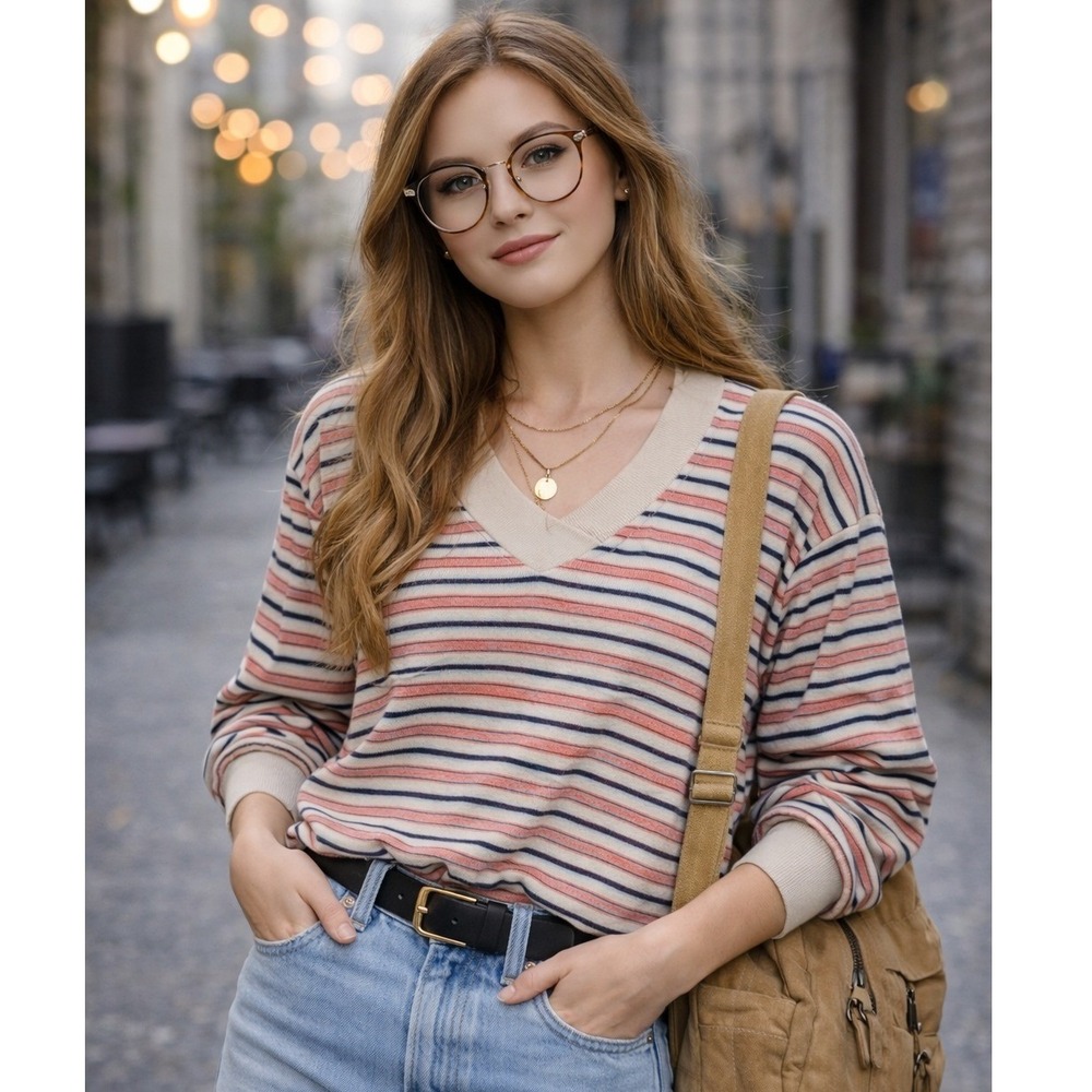 Vintage Levis Striped Velour V-Neck M Sweater Pink Navy Cream Ribbed Trim Womens